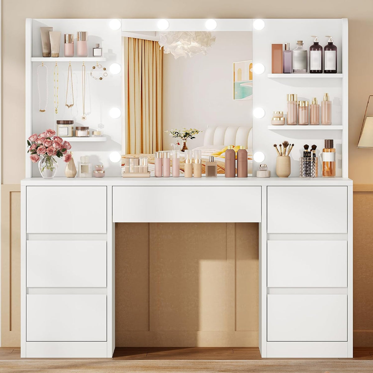 FIONESO Vanity Desk with Mirror and Lights, White | Makeup Vanity with 3 Colors LED Lights, White Vanity with 7 Drawers , 6 Shelves & 5 Jewel Hooks, Girls Vanity for Bedroom