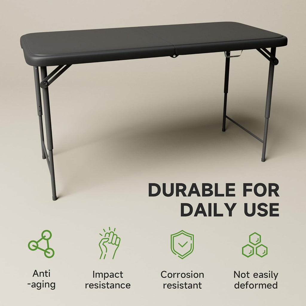 4 FT Folding Table, 3-Position Adjustable Height, Heavy Duty 400 lbs Capacity, Portable Table for Camping, Party, Indoor & Outdoor (Black, 1 Pack)