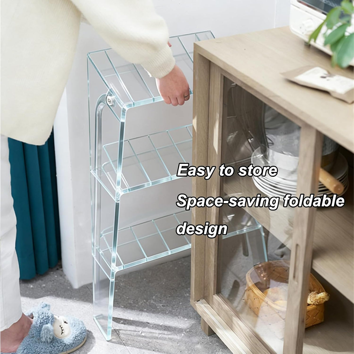 Transparent Acrylic 3-Step Folding Step Stool, 220 lbs Weight Capacity, Sleek Collapsible Step Ladder with Compact Design, Portable for Home, Kitchen, Bathroom and Closet