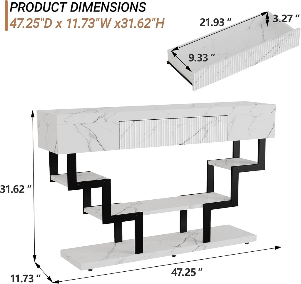 47.3" Console Table with Fluted Drawers, 3-Tier Modern Entryway Table with Geometric Black Metal Frame, Luxury Sofa Table for Living Room, Hallway, Foyer（White Marble Texture