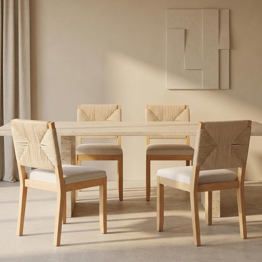 Boho Mid Century Modern Dining Chairs Set of 4, Rattan Dinning Chair with a Square Back, Warm Beige Cane Dining Chair, Linen Upholstered Kitchen and Dining Room Chairs, Sillas para Comedor