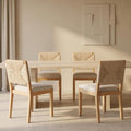 Boho Mid Century Modern Dining Chairs Set of 4, Rattan Dinning Chair with a Square Back, Warm Beige Cane Dining Chair, Linen Upholstered Kitchen and Dining Room Chairs, Sillas para Comedor