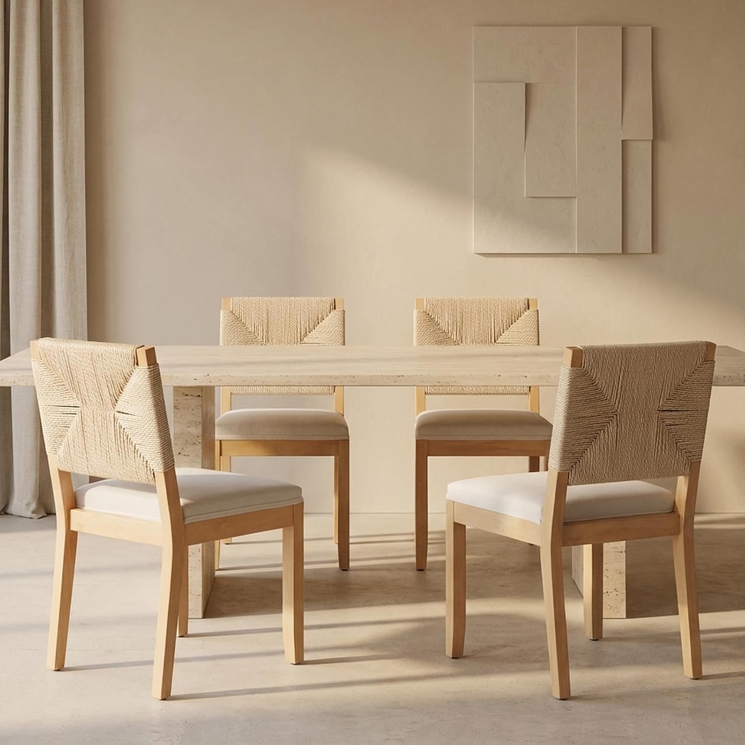 Boho Mid Century Modern Dining Chairs Set of 4, Rattan Dinning Chair with a Square Back, Warm Beige Cane Dining Chair, Linen Upholstered Kitchen and Dining Room Chairs, Sillas para Comedor