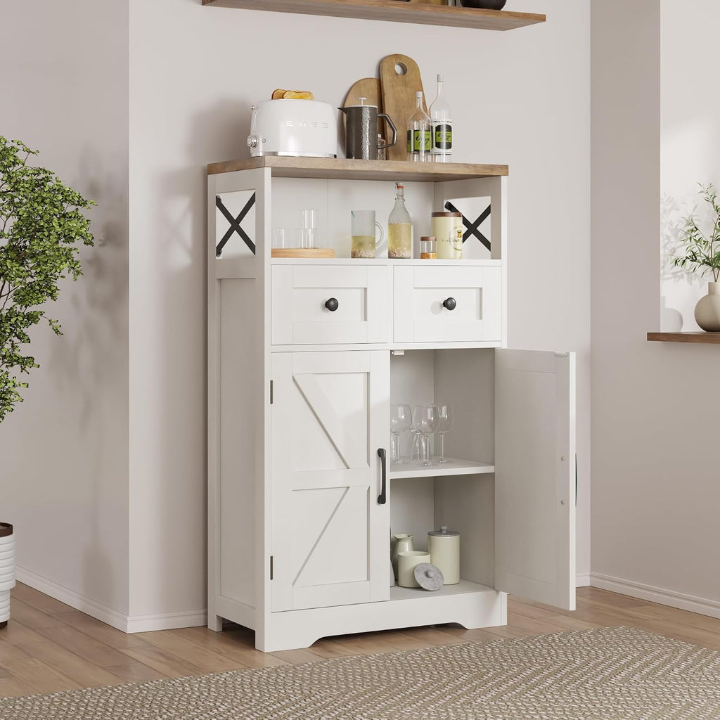 Farmhouse Storage Cabinet with Drawers, Small Kitchen Pantry Cabinet, White | Accent Coffee Bar Cabinet Cupboard, 2 Drawers, 2 Barn Doors & Adjustable Shelves, for Kitchen/Entryway/Living Room/Bathroom