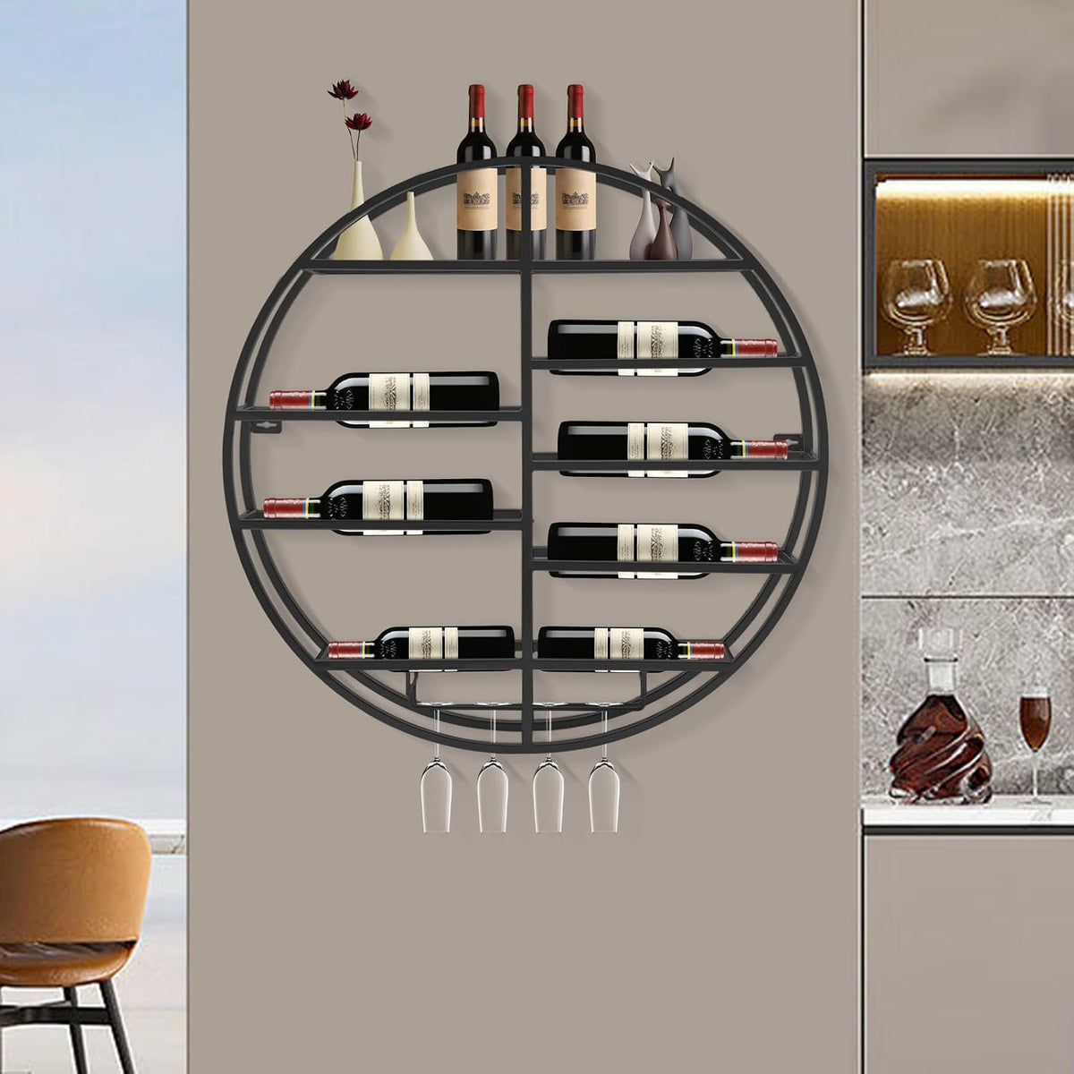 Round Wall Mounted Wine Rack with Wine Glass Shelf Goblet Holder- 23.6 Inch Floating Display Shelves Storage Organizer for 7 Bottles & 4 Glasses, for Home Bar, Kitchen, Dining Room