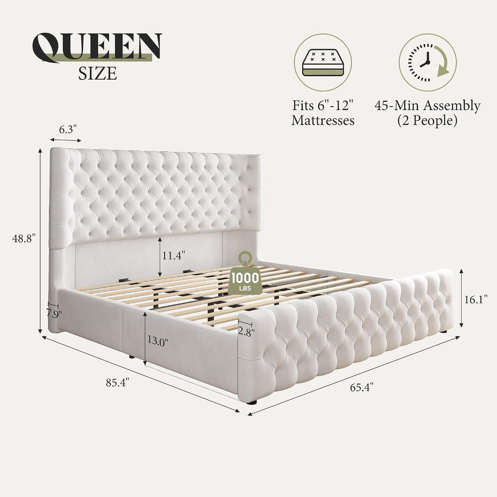 AMERLIFE Upholstered Queen Bed Frame with Wingback Headboard, Cream Velvet