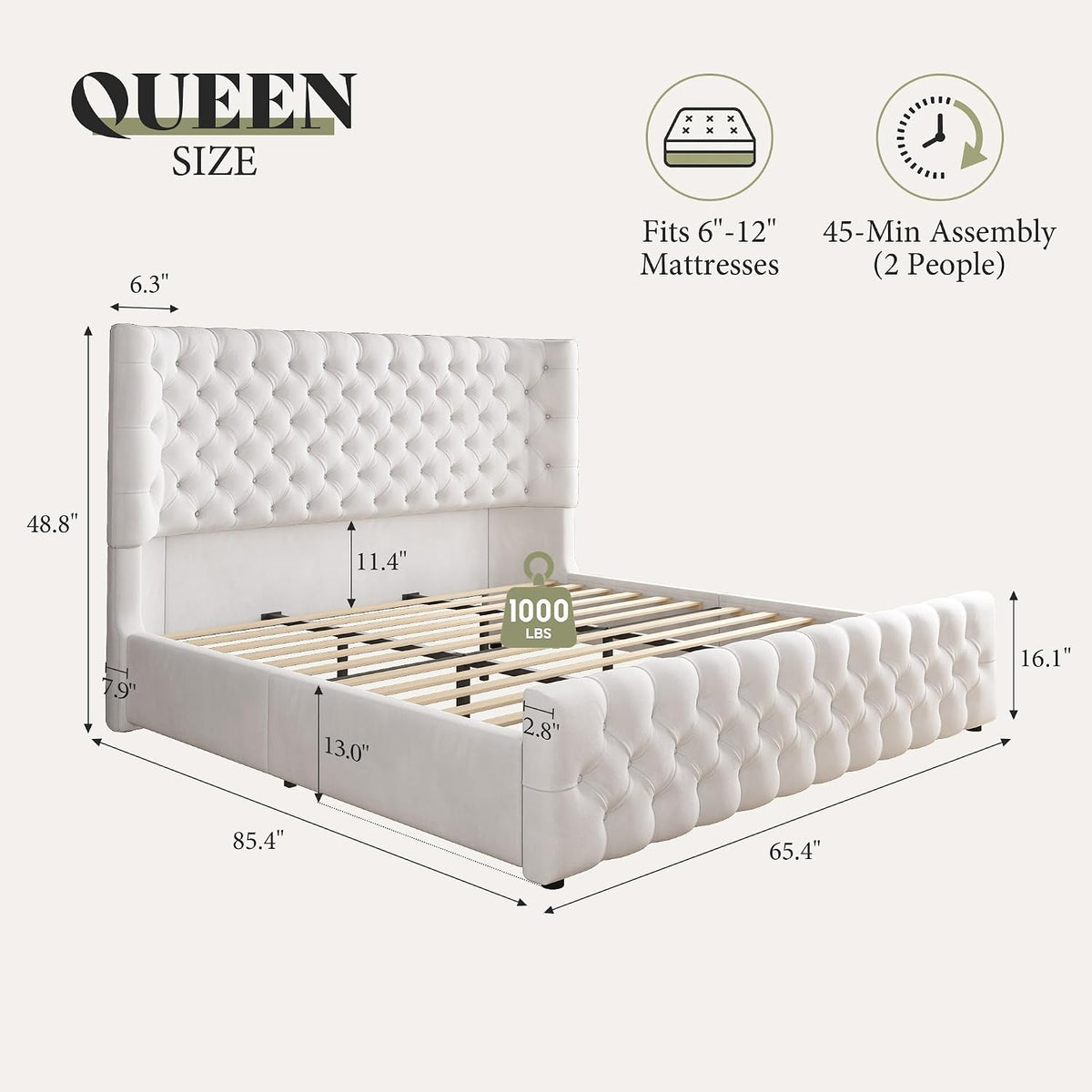 AMERLIFE Upholstered Queen Bed Frame with Wingback Headboard, Cream Velvet