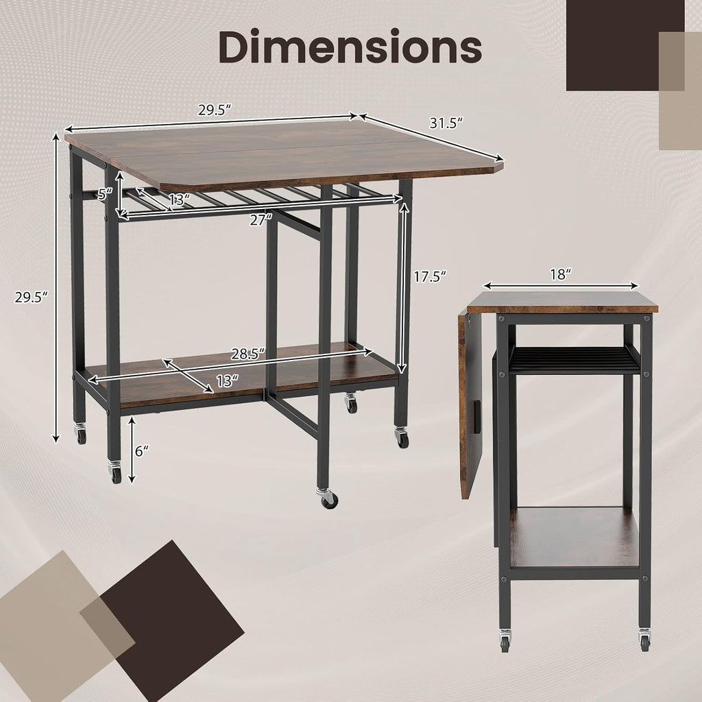 GOFLAME Folding Dining Table, Rolling Kitchen Table with Wine Rack and Storage Shelf, Space Saving Extendable Table with Metal Frame and Lockable Wheels for Living Room, Apartment, Small Space