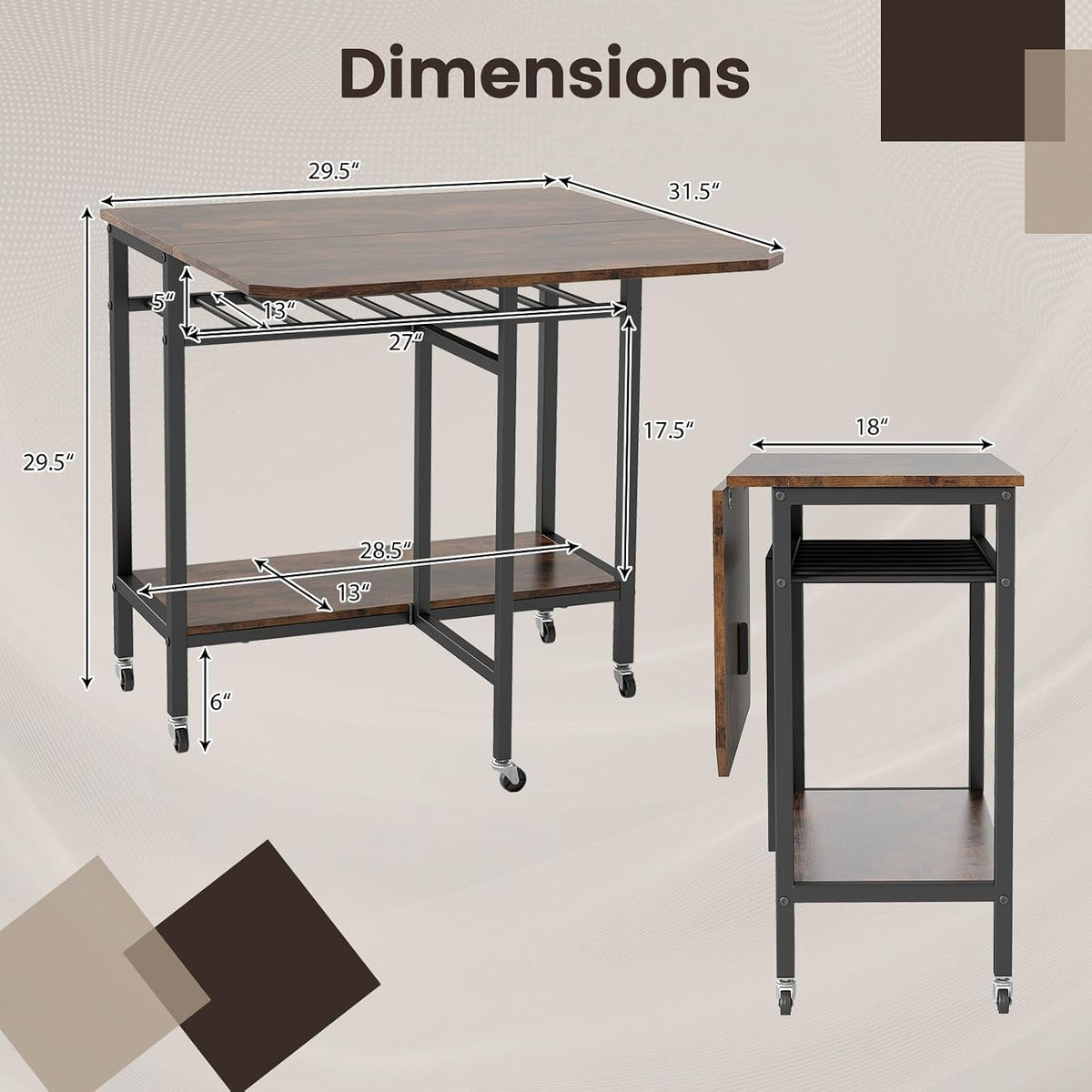 GOFLAME Folding Dining Table, Rolling Kitchen Table with Wine Rack and Storage Shelf, Space Saving Extendable Table with Metal Frame and Lockable Wheels for Living Room, Apartment, Small Space