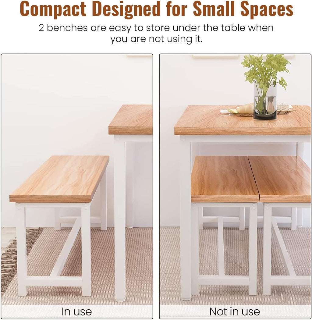 DKLGG Dining Table Set for 4, Wooden Kitchen Table with 2 Dining Bench | 47.2” Farmhouse Dining Room Table Set, Space Saving Table and Chairs Set for Small Space, Kitchen,Dining Room,Apartment