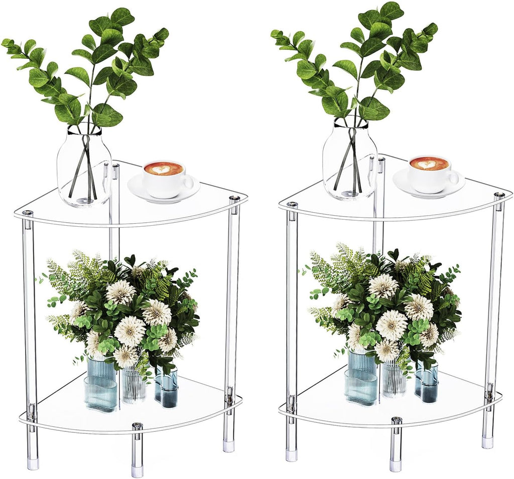 Clear Triangle Acrylic Side Table Set of 2 for Small Space, 11.81" L x 11.81" W x 19.82" H, 2-Tier Corner Shelf Stand End Table for Living Room Bedroom, Corner Rack Storage Shelf for Bathroom