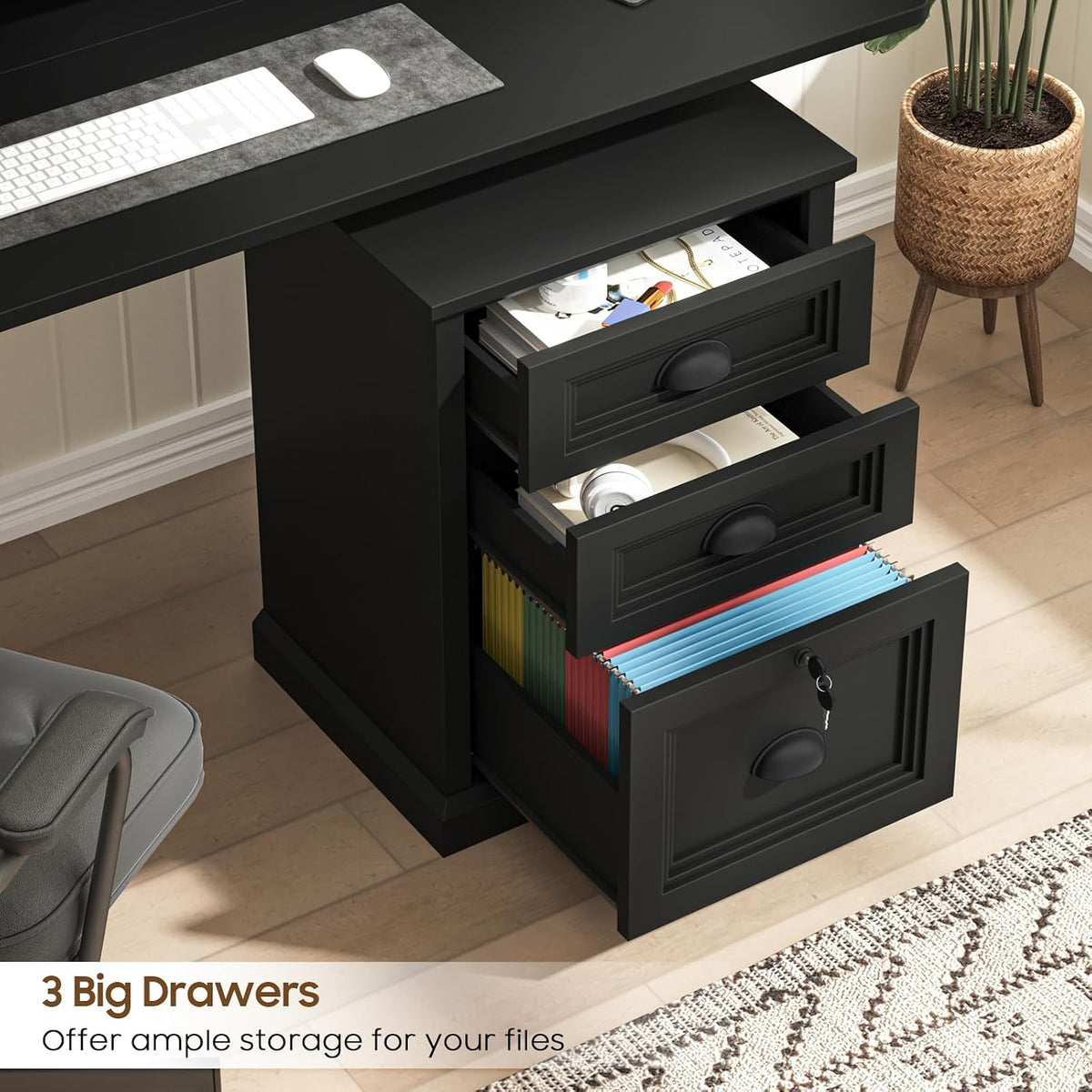 Halitaa Vertical File Cabinet, Filing Cabinet with 3 File Drawers & Lock, Farmhouse Small File Cabinet Fits Letter/A4 Size, Wooden Printer Stand, Home Office Cabinet, Black
