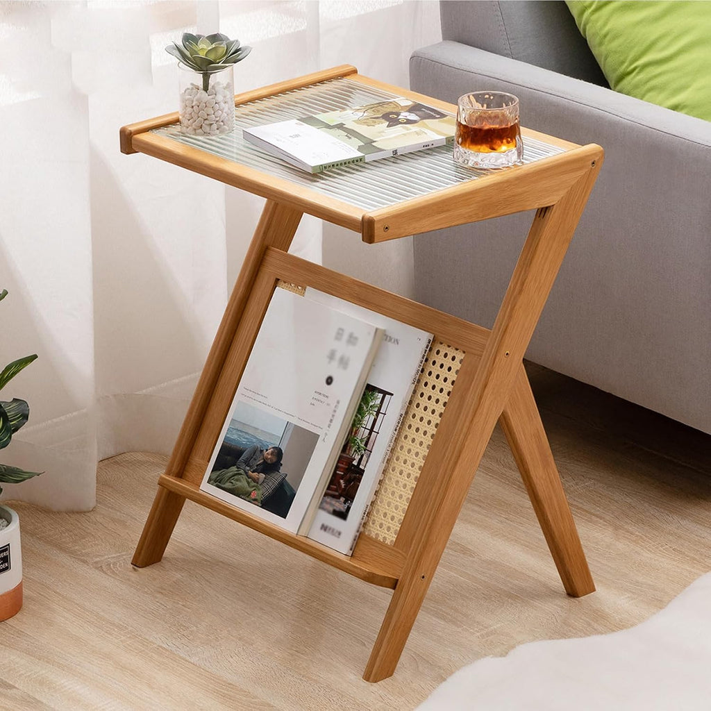 Z Shaped End Table, Wooden Coffee Tables with Storage,Boho Wooden End Table,Side Tables Living Room with Glass Top & Magazine Rack for Bedroom,Couch,Small Space,Yellow,45 * 37 * 56cm