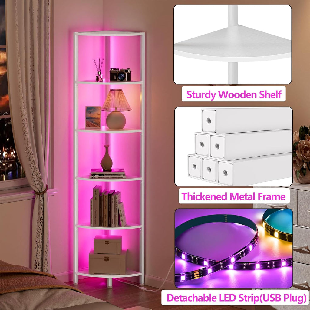 Furnulem 6 Tier Corner Shelf with LED Light, 67.5" White Narrow Bookshelf | Tall Standing Shelf Organizer, Storage Rack for Wall Corner, Living Room, Bedroom, Metal Frame, Wood Display Shelf