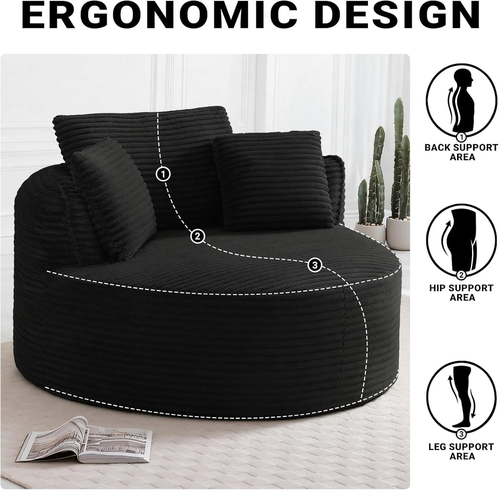 54-inch Oversized Round Chaise Longue Chair Indoor, Modern Upholstered Corduroy Deep Seat Circle Accent Chair Single Cloud Lounge Floor Sofa Chair for Living Room (Black, 54" Round)