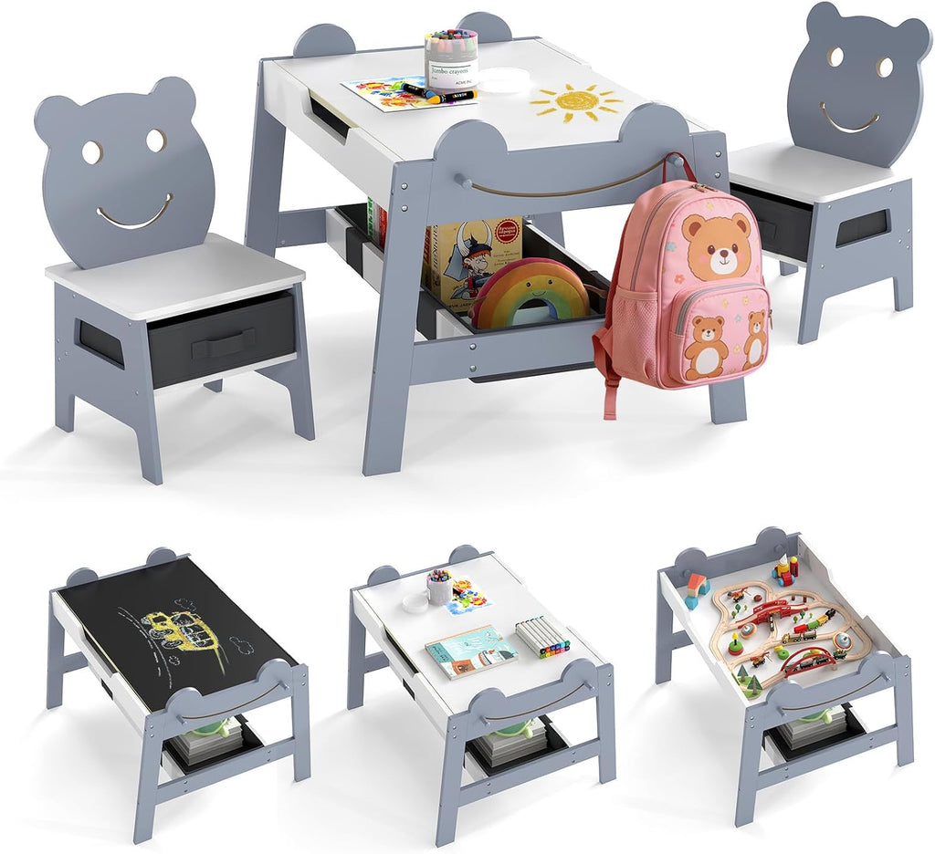 Children's Table with 2 Bear Chairs, 5-in-1 Painting Table with Reversible Board & Whiteboard, Children's Seating Set with Storage Space, 4 Hooks & Fabric Containers for Children 3-10 Years