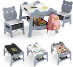 Children's Table with 2 Bear Chairs, 5-in-1 Painting Table with Reversible Board & Whiteboard, Children's Seating Set with Storage Space, 4 Hooks & Fabric Containers for Children 3-10 Years