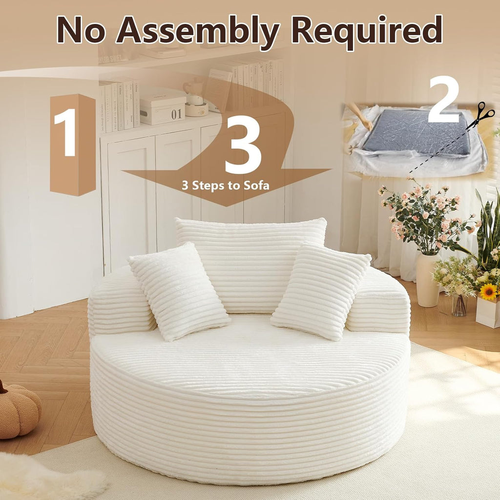 55"L Oversized Round Chair Lounge Chaise Indoor,Corduroy Deep Seat Cloud Large Circle Sofa Chair,No Assembly Required,Cloud Large Circle Chair,Fluffy Modern Sleeper Sofa Bed for Reading (White)
