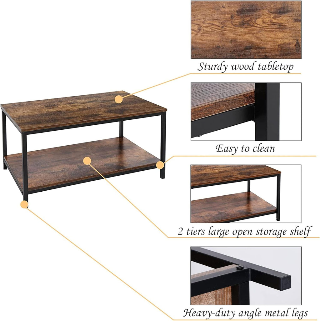 SUPER DEAL 2-Tier Industrial Coffee Table with Storage Shelf for Small Apartment Living Room, Rectangle Wood and Stable Metal TV Stand Side End Table, Rustic Brown