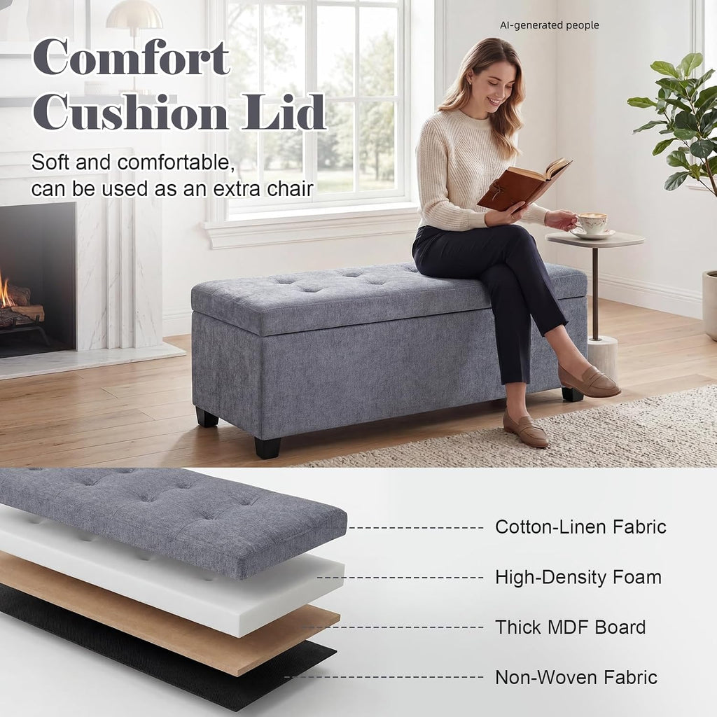 Asense Storage Ottoman Bench,42 inch Upholstered End of Bed Bench,Safety Hinge Storage Bench for Living Room,Bedroom,Entryway (42" Cotton-Linen Grey)