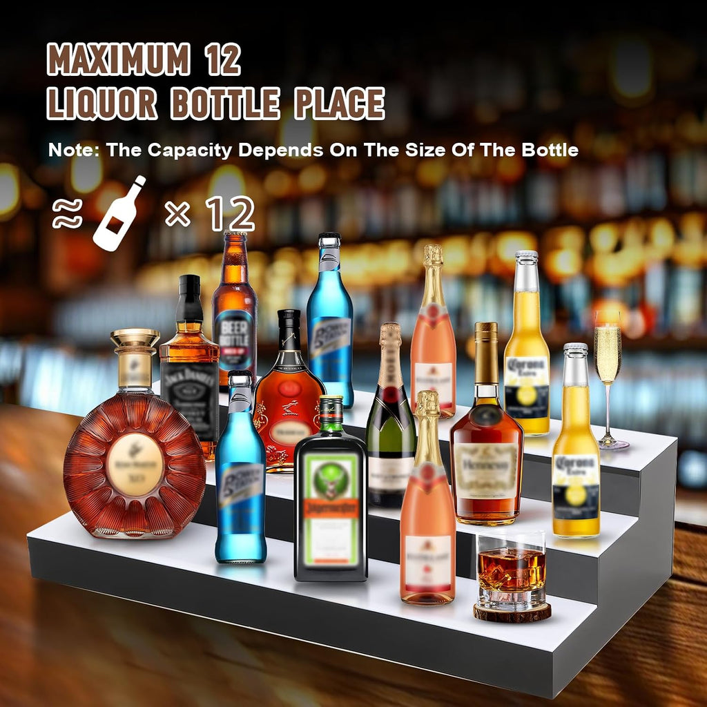 FAHKNS Lighted Liquor Bottle Display, 3 Tiers 24 Inch Acrylic Bar Shelf with Remote Control, Multicolor LED Illuminated Whiskey Rack for Home Bar