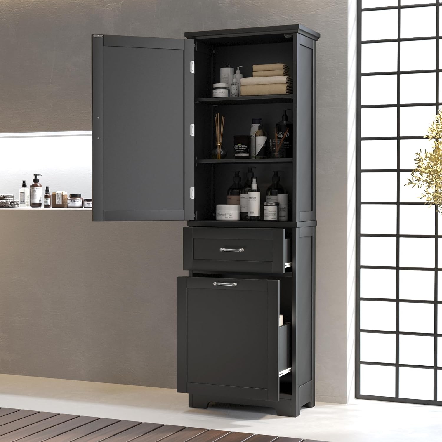 Merax 68.4" Pantry Cabinet with One Door & Two Drawers, Adjustable Shelves Storage Cupboard for Kitchen/Dining Room/Bathroom, Black