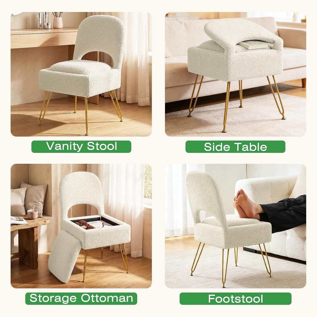 Vanity Stool with Storage & Folding Backrest, Cute White Faux Fur Makeup Stool Ottoman, Comfy Padded Chair for Bedroom, Adjustable Back & Plush Cushion Seat, 16.6" Wide 11L Storage Space