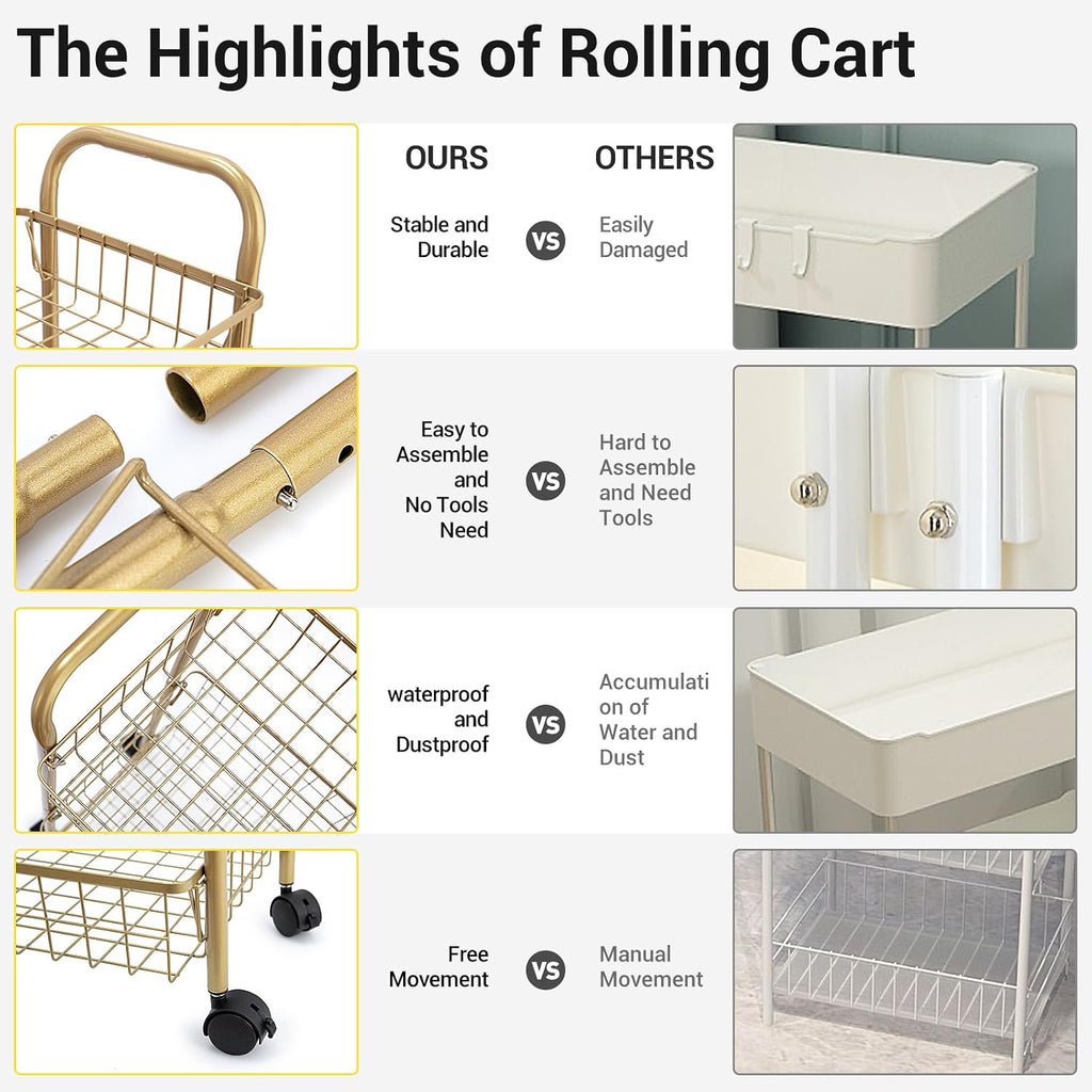 3 Tier Rolling Utility Cart, Storage Trolley Service Cart with Wheels Easy Assembly for Kitchen, Living Room, Office, Salon, Gold | Storage Trolley Service Cart with Lockable Wheels, Easy Assembly for Kitchen, Living Room, Office, Salon, Dorm
