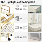 3 Tier Rolling Utility Cart, Storage Trolley Service Cart with Wheels Easy Assembly for Kitchen, Living Room, Office, Salon, Gold | Storage Trolley Service Cart with Lockable Wheels, Easy Assembly for Kitchen, Living Room, Office, Salon, Dorm