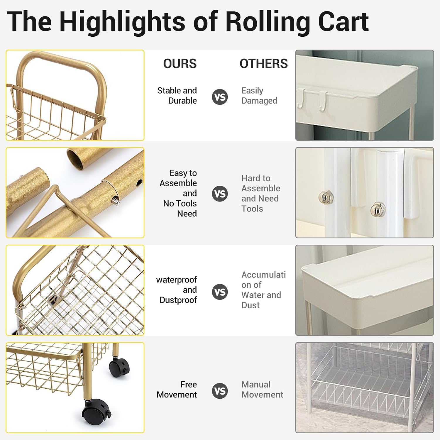 3 Tier Rolling Utility Cart, Storage Trolley Service Cart with Wheels Easy Assembly for Kitchen, Living Room, Office, Salon, Gold | Storage Trolley Service Cart with Lockable Wheels, Easy Assembly for Kitchen, Living Room, Office, Salon, Dorm