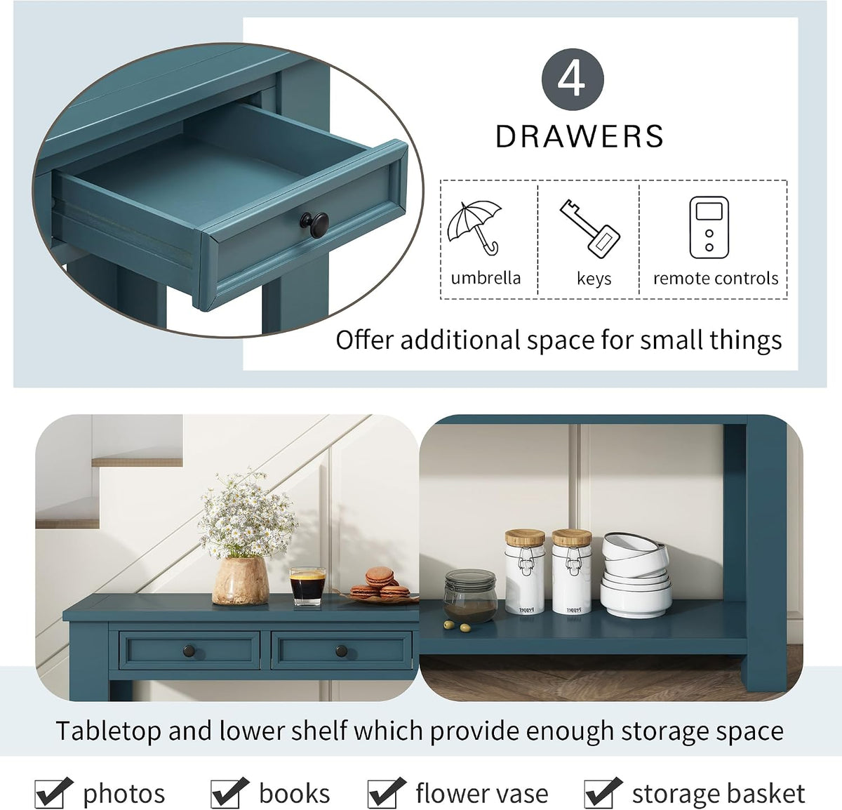 Merax Sofa Table with Storage Drawers and Bottom Shelf, Rustic Console Table with Thickened Legs, Long Entryway Table for Hallway & Living Room, Dark Blue