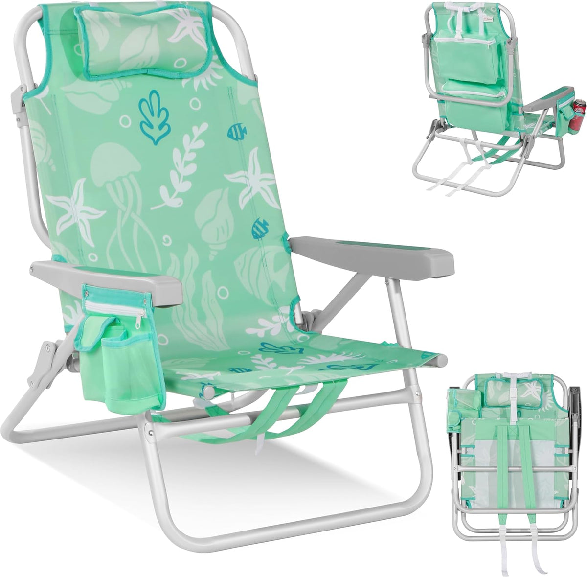 Low Beach Chairs for Adults - 5-Position Lay-Flat Backpack Chair with Large Insulated Cooler & Storage Pocket, Aluminum Frame, Portable for Travel & Outdoor, Supports 300lbs, Ocean Mint