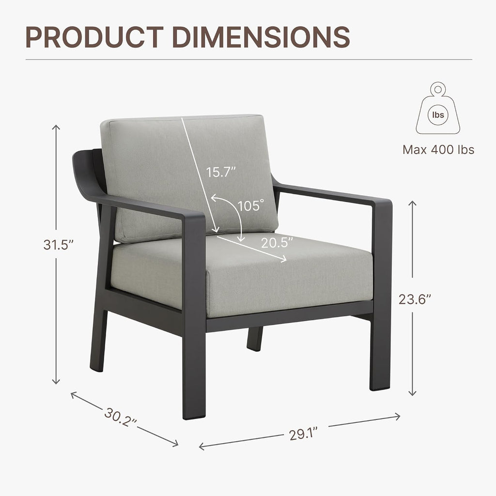 KISLOT Aluminum Outdoor Patio Furniture Armchairs,Outside Patio Sofa with Washable Thick Cushion, Patio Sofa Couch Set of 2 for Porch, Balcony, Deck, Yard,Gray Aluminum Frame