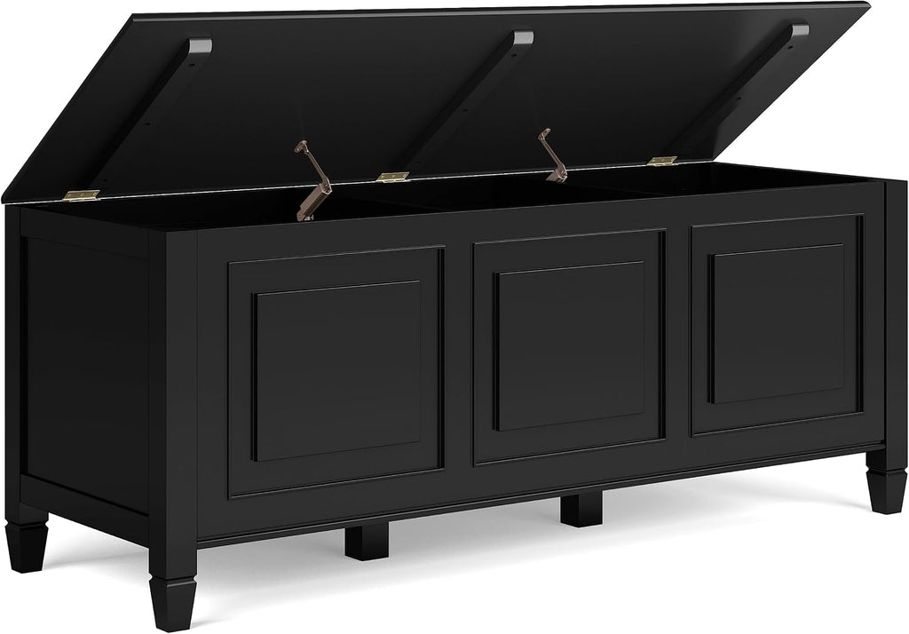 SIMPLIHOME Connaught 51" Wide Solid Wood Trunk Bench in Black | Traditional entryway bench with lift-up lid and 3 hidden compartments; mudroom, hallway, shoe or trunk bench.