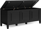 SIMPLIHOME Connaught 51" Wide Solid Wood Trunk Bench in Black | Traditional entryway bench with lift-up lid and 3 hidden compartments; mudroom, hallway, shoe or trunk bench.