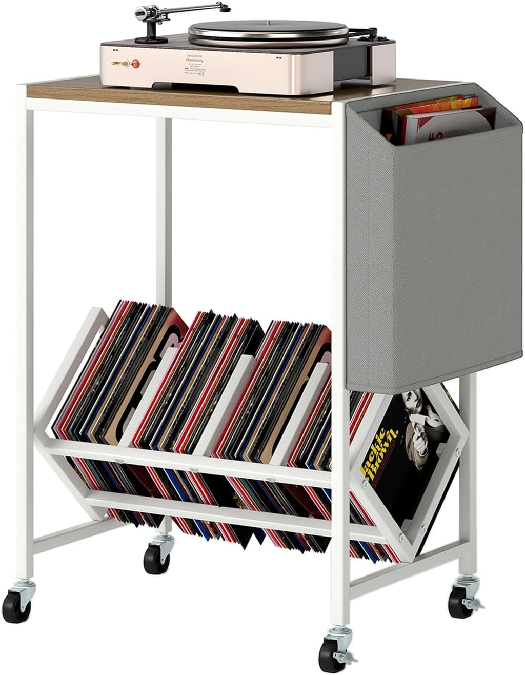 GOFLAME Rolling Record Player Stand, 2-Tier Turntable Stand with Fabric Side Pocket, Bottom Storage Shelf & Wheels, Movable Vinyl Storage Shelf for Living Room, Bedroom, Natural & White