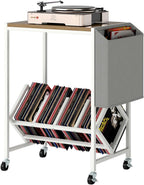 GOFLAME Rolling Record Player Stand, 2-Tier Turntable Stand with Fabric Side Pocket, Bottom Storage Shelf & Wheels, Movable Vinyl Storage Shelf for Living Room, Bedroom, Natural & White