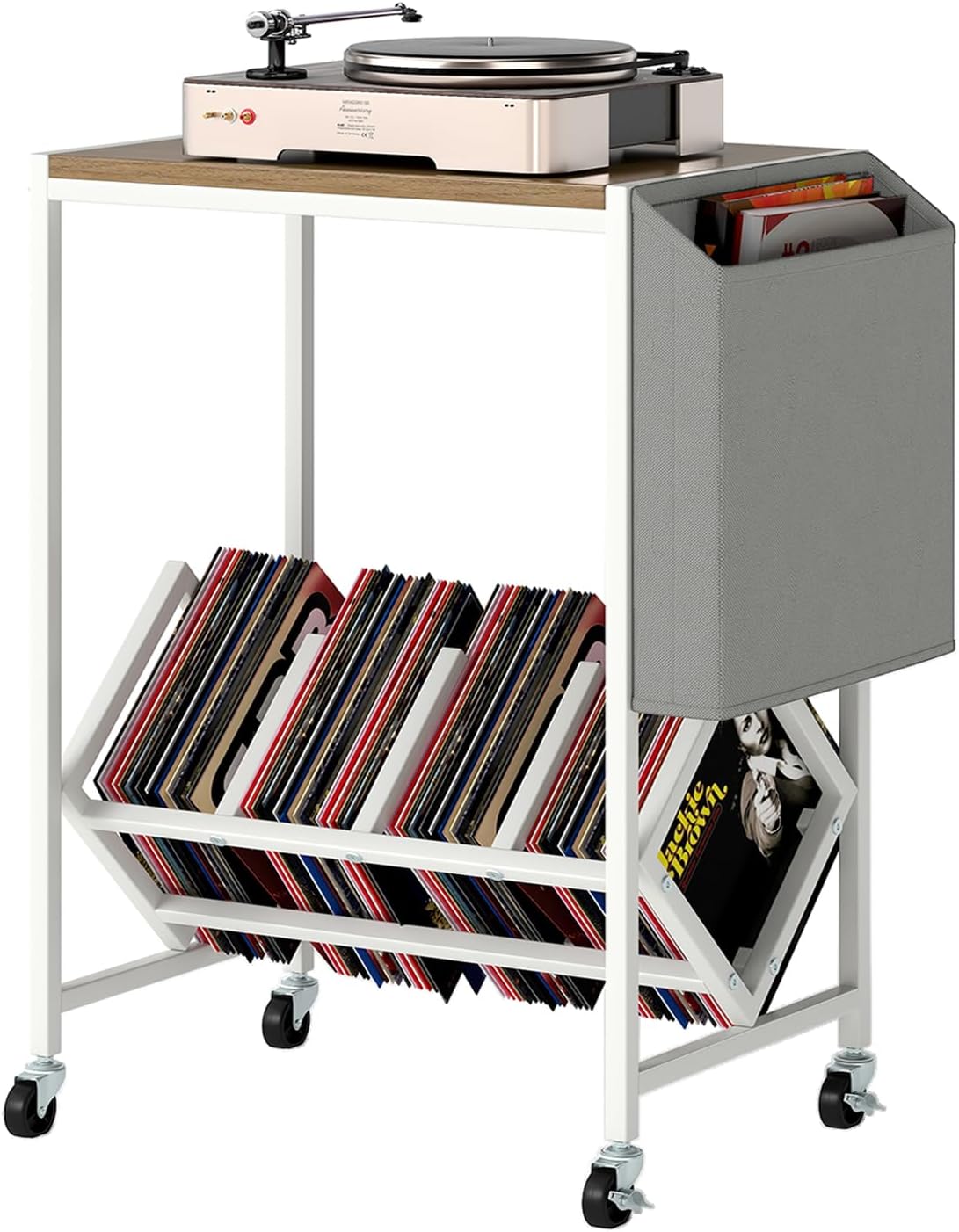 GOFLAME Rolling Record Player Stand, 2-Tier Turntable Stand with Fabric Side Pocket, Bottom Storage Shelf & Wheels, Movable Vinyl Storage Shelf for Living Room, Bedroom, Natural & White