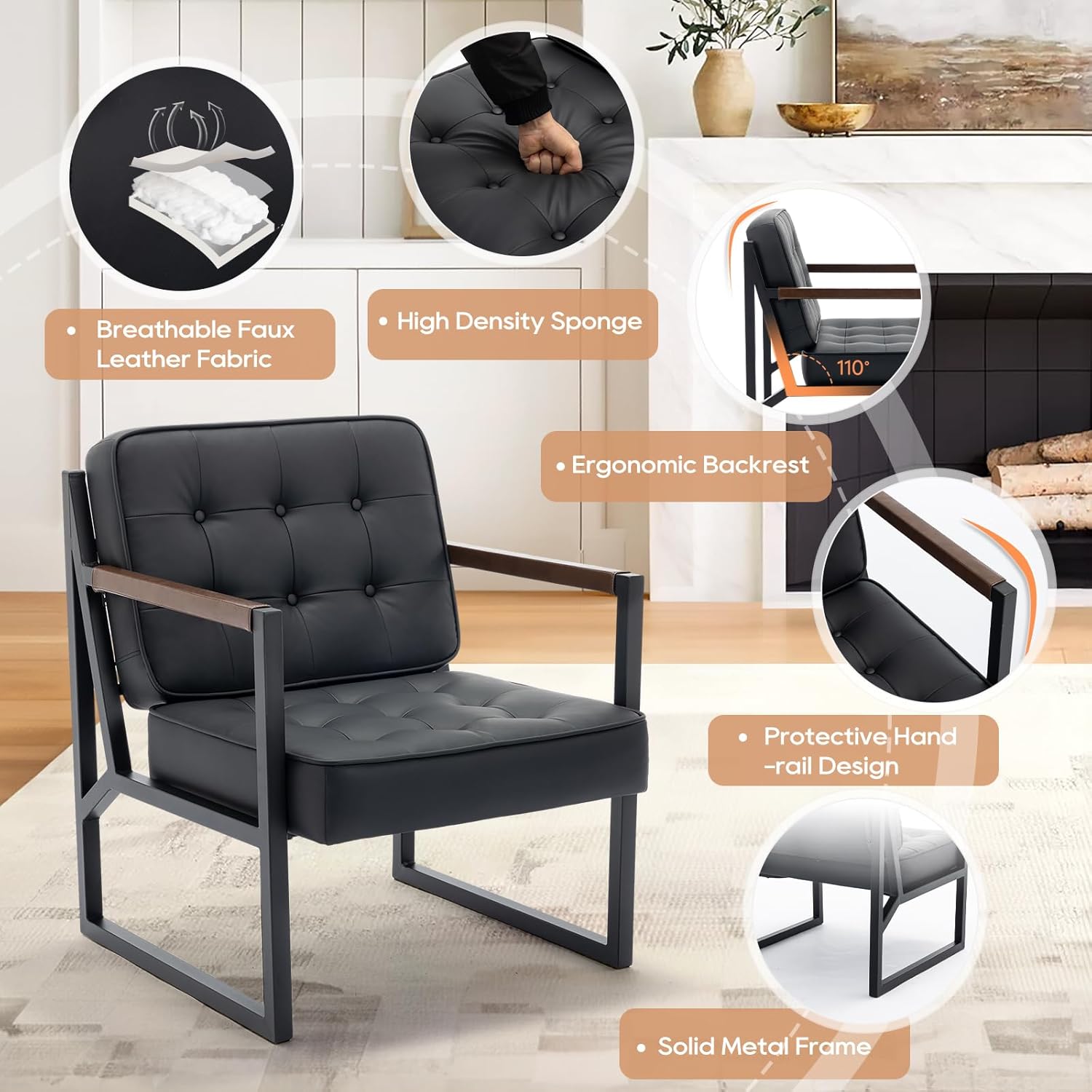 MALOL Mid Century Modern Accent Chair Set of 2, Comfy Living Room Chair, Black Leather Accent Chair, Faux Leather Reception Armchair with Metal Legs for Living Room Bedroom Reception Office, Black