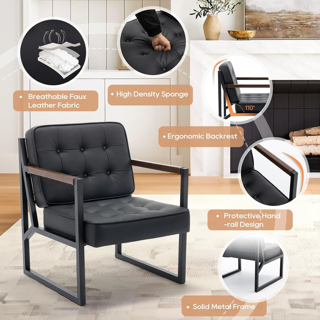 COLAMY Mid Century Modern Accent Chair Set of 2, Comfy Living Room Chair, Black Leather Accent Chair, Faux Leather Reception Armchair with Metal Legs for Living Room Bedroom Reception Office, Black