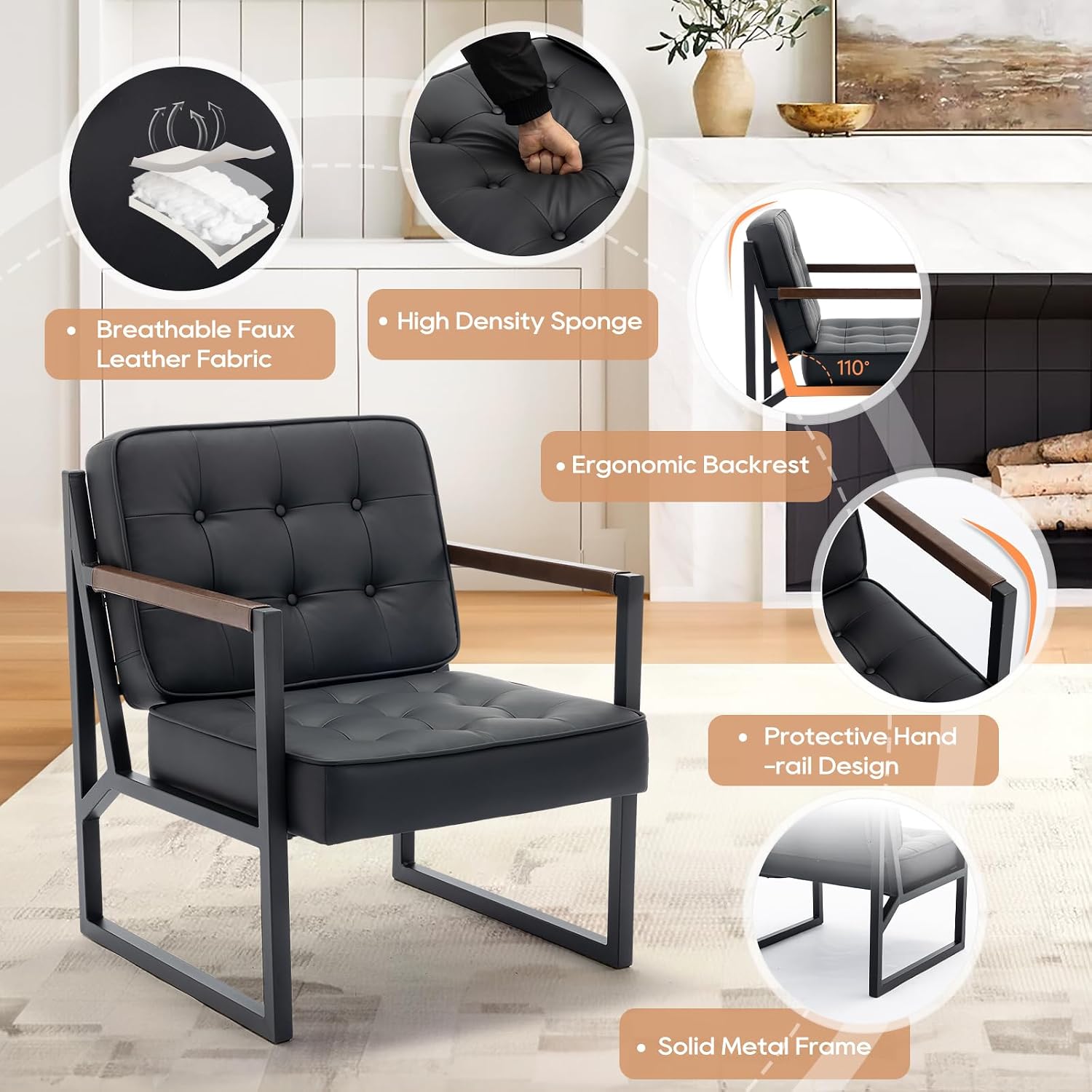 COLAMY Mid Century Modern Accent Chair Set of 2, Comfy Living Room Chair, Black Leather Accent Chair, Faux Leather Reception Armchair with Metal Legs for Living Room Bedroom Reception Office, Black
