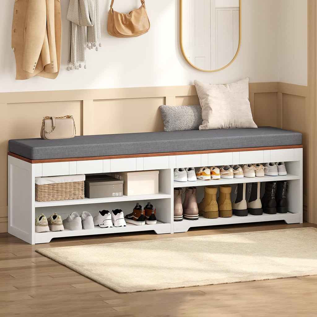 UPOSOJA 60" Farmhouse 2-Tier Storage Bench with Drawer, Entryway Bench & End of Bed, Lift-Top Storage Chest, Cushion, Adjustable Shelf for Entryway, Bedroom, Living Room (White)