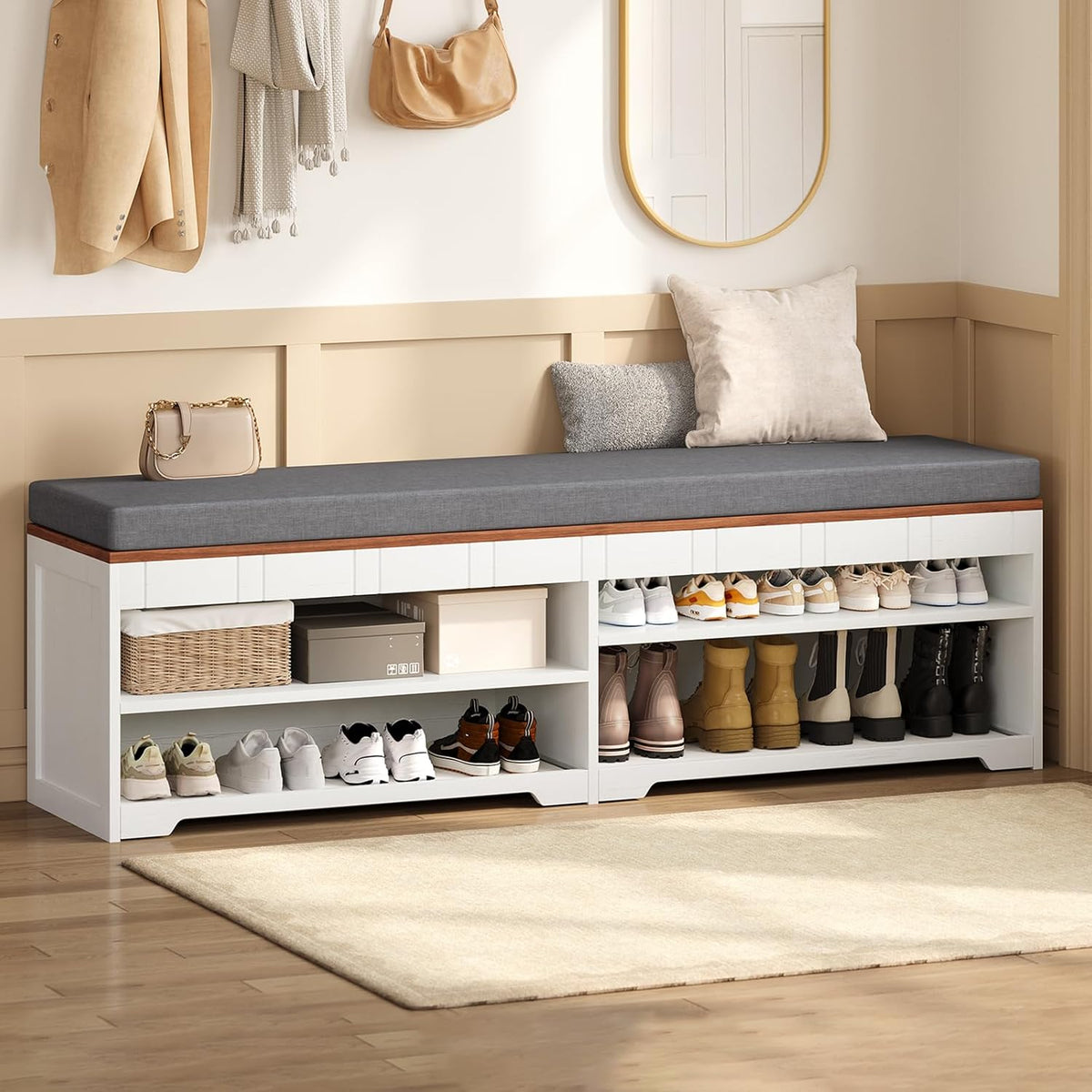 UPOSOJA 60" Farmhouse 2-Tier Storage Bench with Drawer, Entryway Bench & End of Bed, Lift-Top Storage Chest, Cushion, Adjustable Shelf for Entryway, Bedroom, Living Room (White)