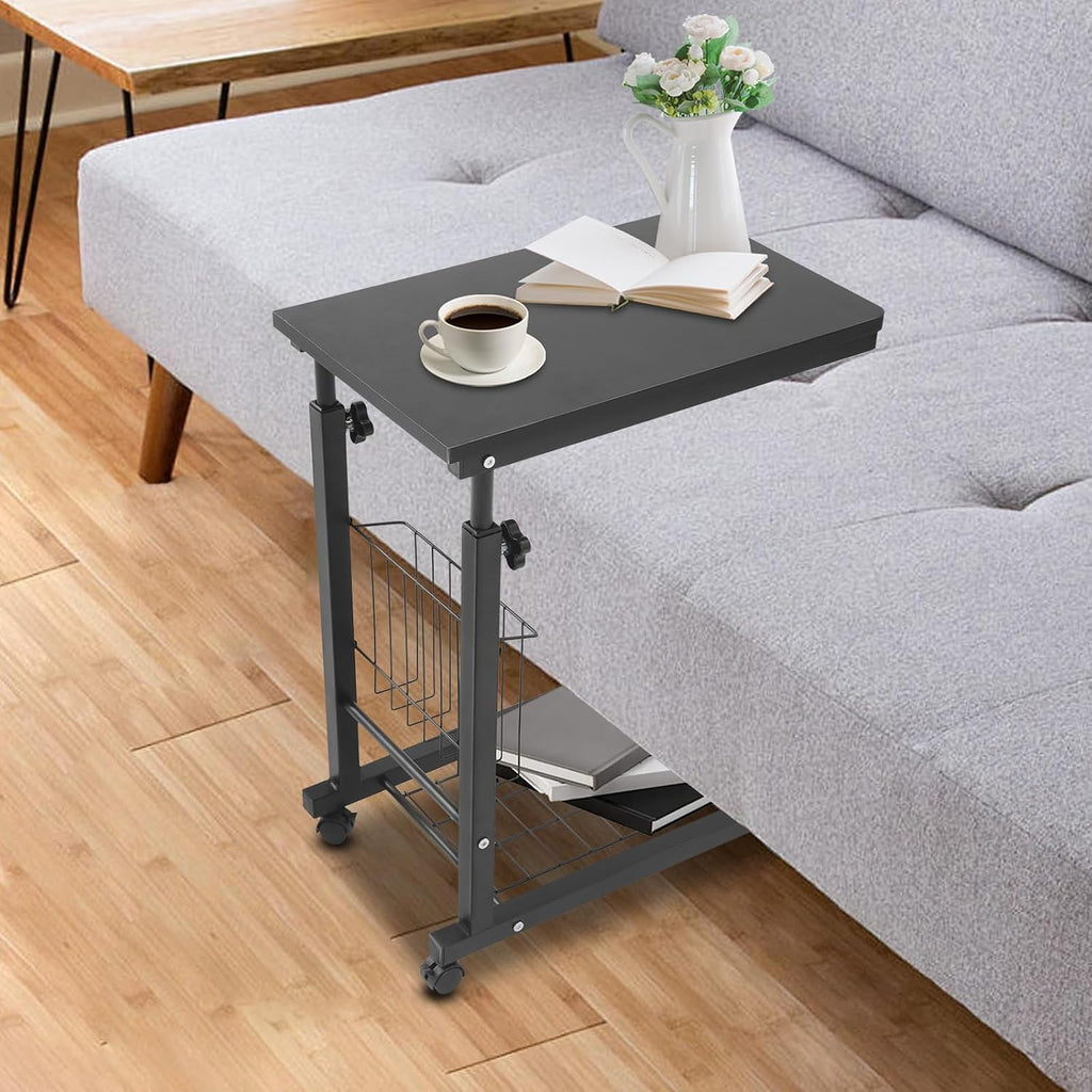 Adjustable Side Table, Modern Dual Shelves Rolling Side Table with 4 Brake Wheels, C-Shaped End Table Laptop Desk for Living Room Bedroom Dorms Office (Black)