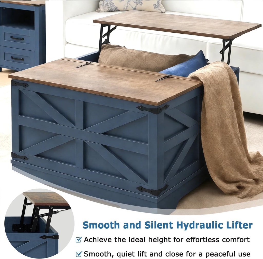 Farmhouse Coffee Table Set of 3, 1 Lift Top Coffee Table with Sliding Barn Doors and 2 End Tables with Charging Station, Living Room Table Set for Home Office, Blue