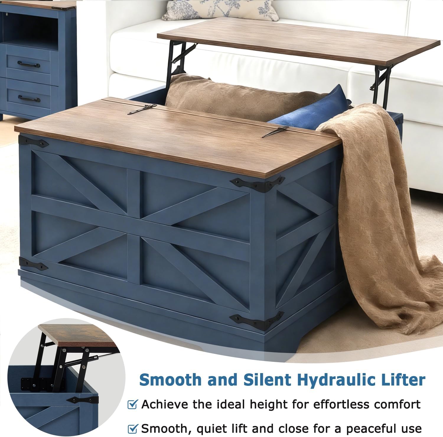 Farmhouse Coffee Table Set of 3, 1 Lift Top Coffee Table with Sliding Barn Doors and 2 End Tables with Charging Station, Living Room Table Set for Home Office, Blue