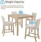 RuiSiSi 5-Piece Counter Height Dining Table Set, Square Dining Table White with 4 Upholstered Chairs, Solid Wood Kitchen Table and Chairs Set for Kitchen, Light Oak + Beige