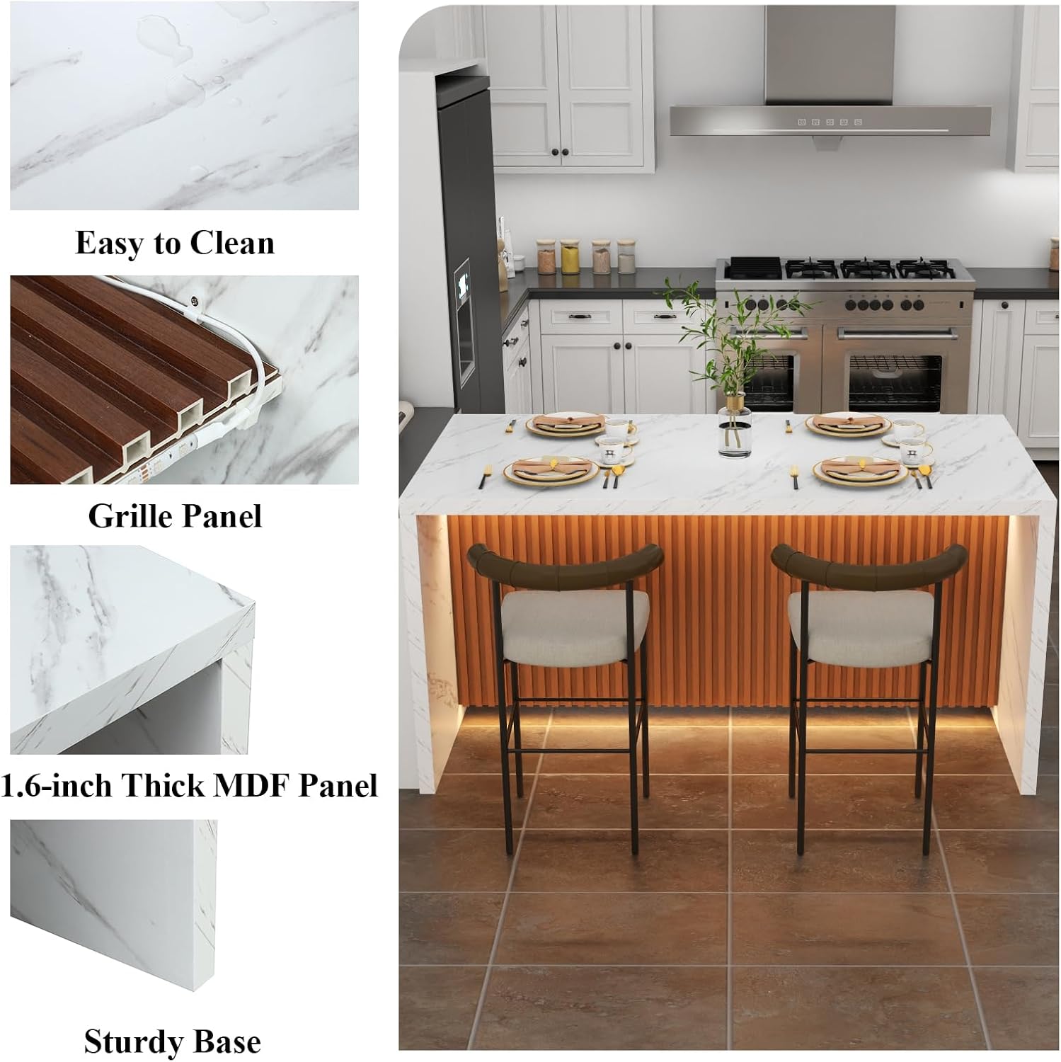 63" Large Imitation Marble Dining Table for 4-6 People,Kitchen Island Table with LED Lights, Mordern Marble Stripes Kitchen Dining Table with Grille design for Dining Room,Living Room (White)