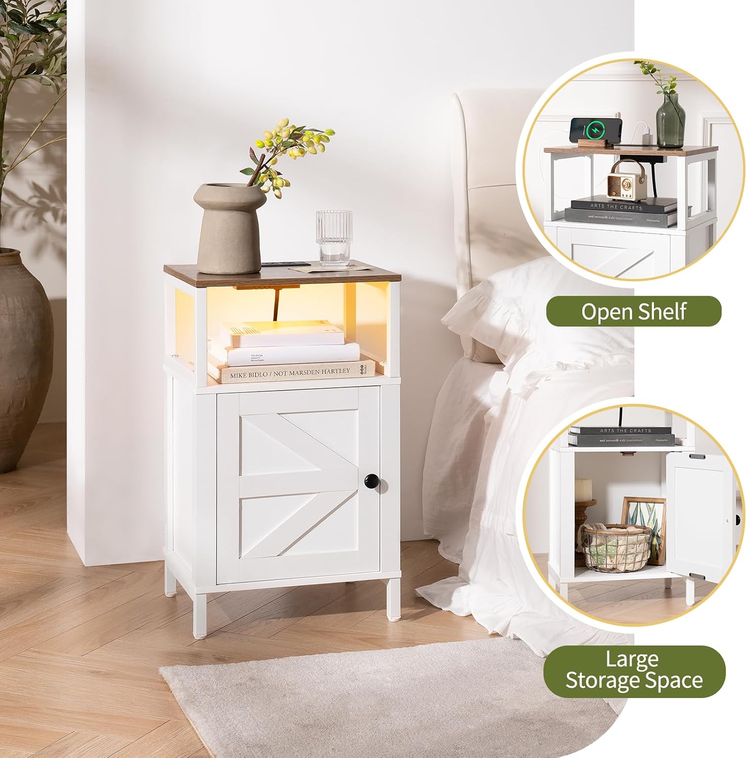 Yoobure Farmhouse NightStand with Charging Station，Wood Night Stand End Table with USB Ports, LED Bed Side Table with Storage Cabinet，Bedside Table for Bedroom, Living Room White