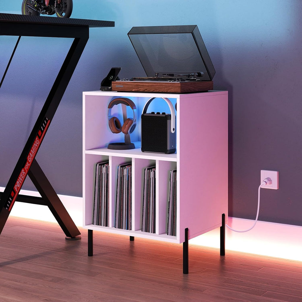 Giantex Record Player Stand with LED Lights & Charging Station, Turntable Stand with Record Holder, Record Player Table with Metal Legs, Vinyl Record Storage for Living Room, Music Room, White